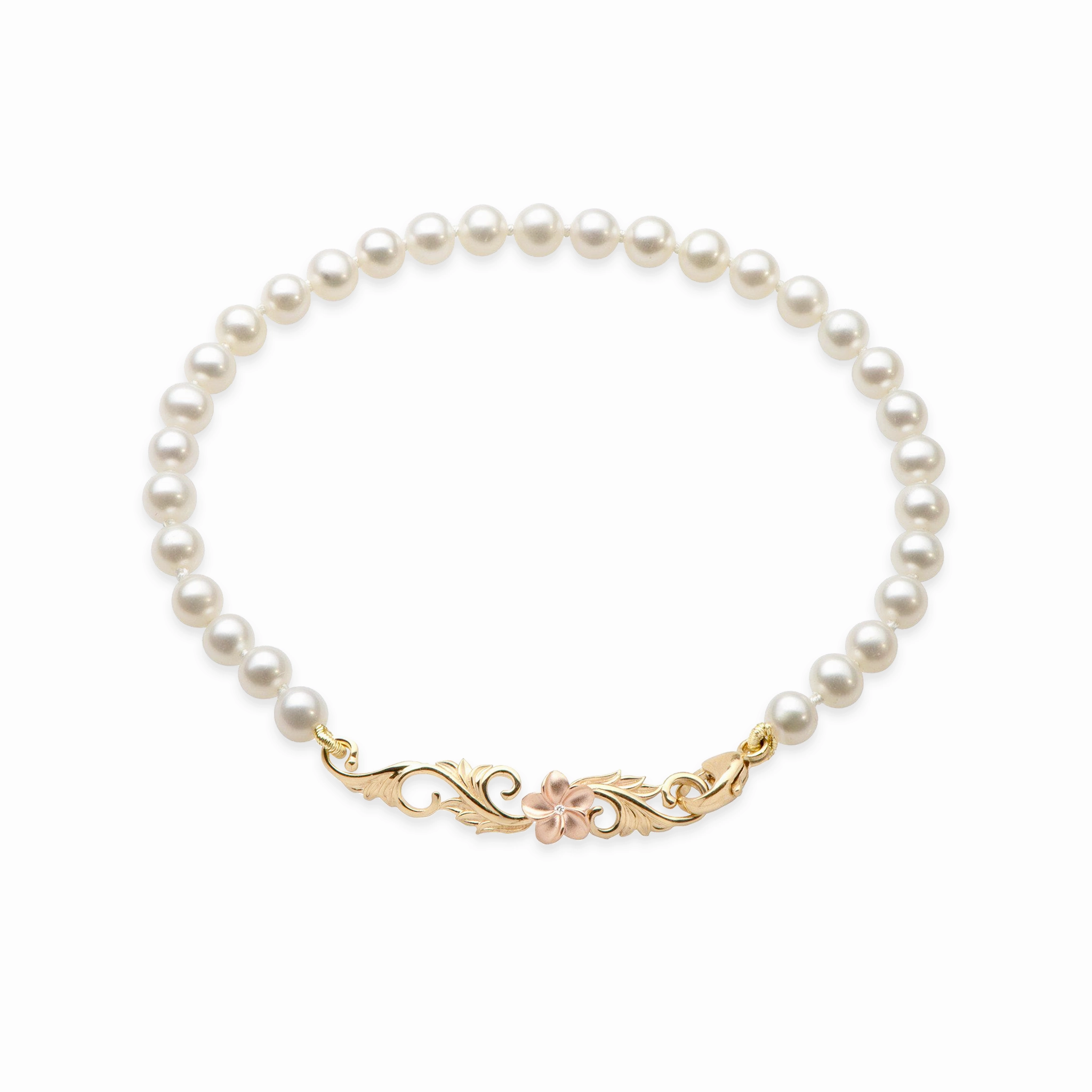 7-7.5" Hawaiian Heirloom Plumeria Freshwater White Pearl Bracelet in Two Tone Gold with Diamond Friendship Token Wrist Jewelry