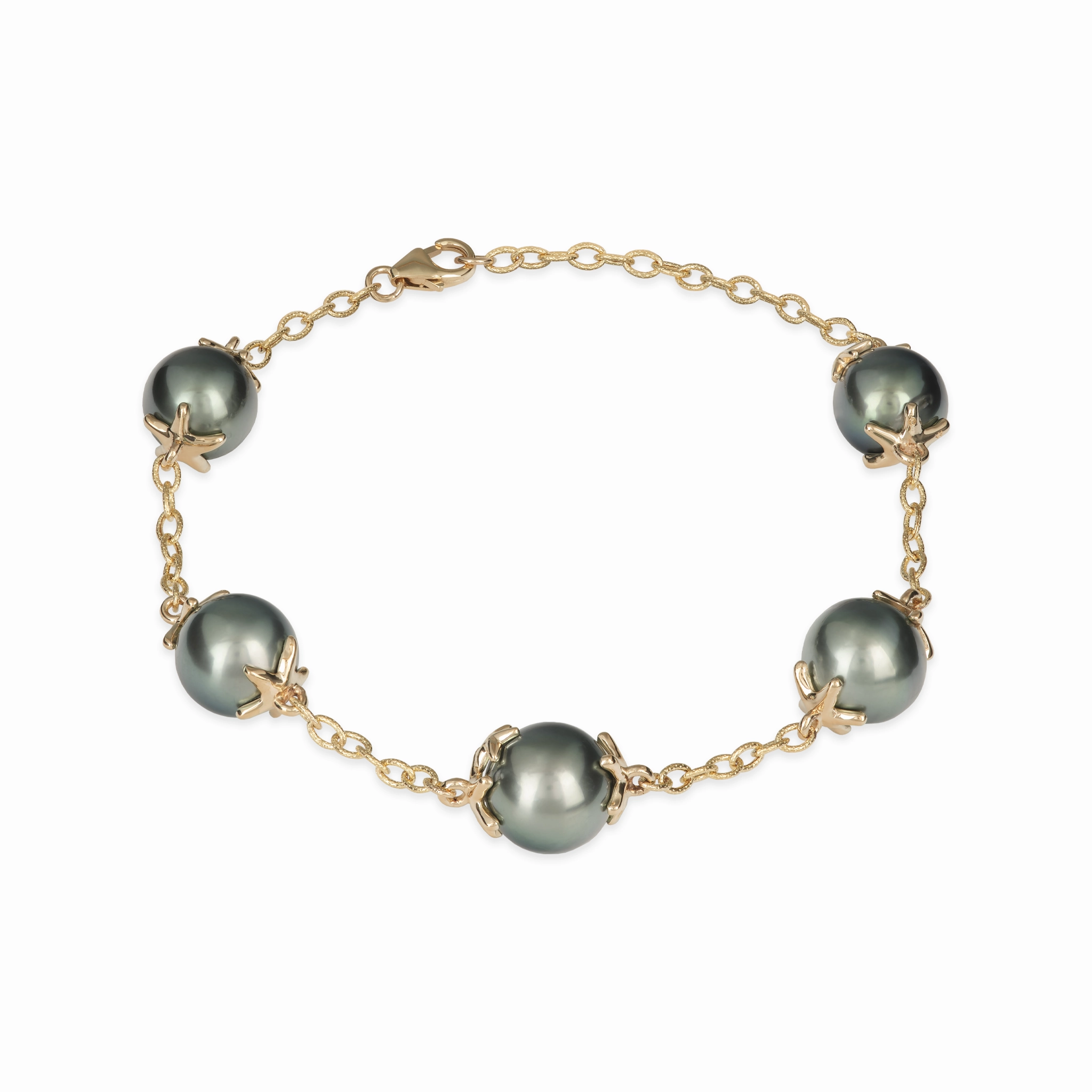 7-8.25" Adjustable Reefs Starfish Tahitian Black Pearl Bracelet in Gold - 10-11mm Everyday Duo