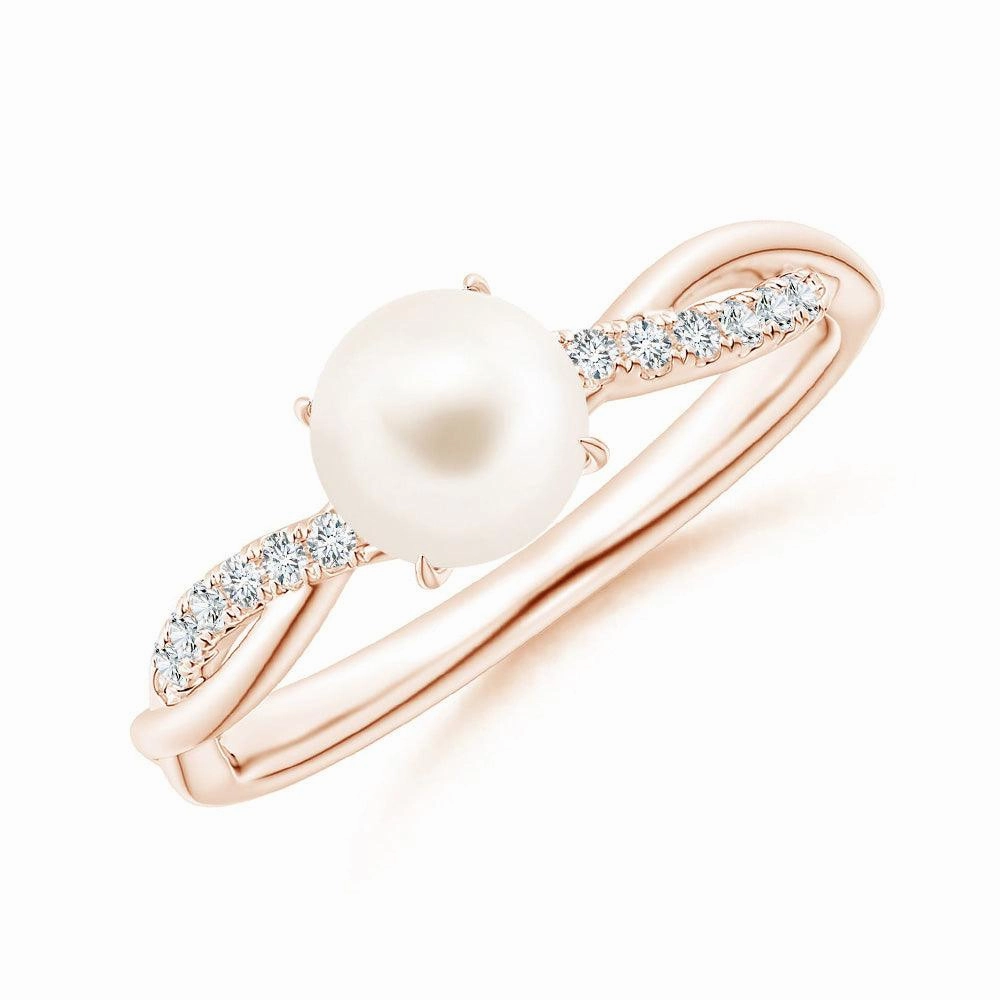 8mm Freshwater Cultured Pearl Twisted Band Shank Ring with Moissanite Pav?? Sleek Form