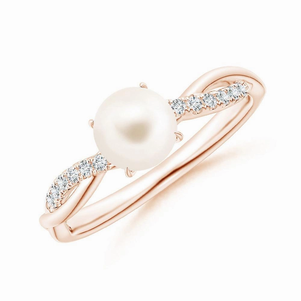 Breezy Style Elegant Statement 8mm Freshwater Cultured Pearl Twisted Band Shank Ring with Moissanite Pav??