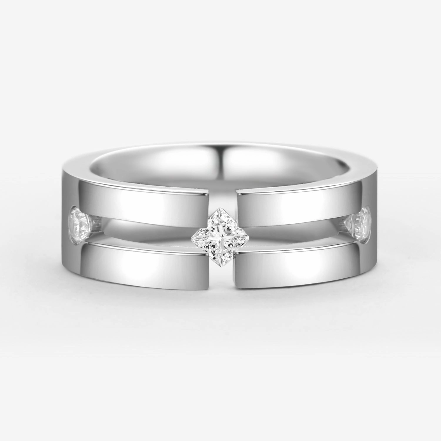 8mm Princess Three Stone Moissanite Couple Men's Wedding Band Dazzling Feature Contemporary Glow