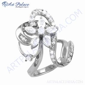 Bold Accent Strong Art 925 Silver Flower Style CZ Ring - Cubic Zirconia Silver Ring