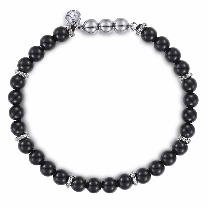 Name Recognition Layered Look 925 Sterling Silver and 6mm Black Onyx Beaded Bracelet