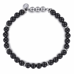 Name Recognition Layered Look 925 Sterling Silver and 6mm Black Onyx Beaded Bracelet