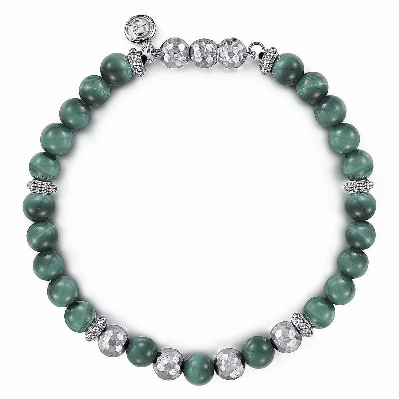 925 Sterling Silver and Malachite Beaded Bracelet Extensive Amalgamations
