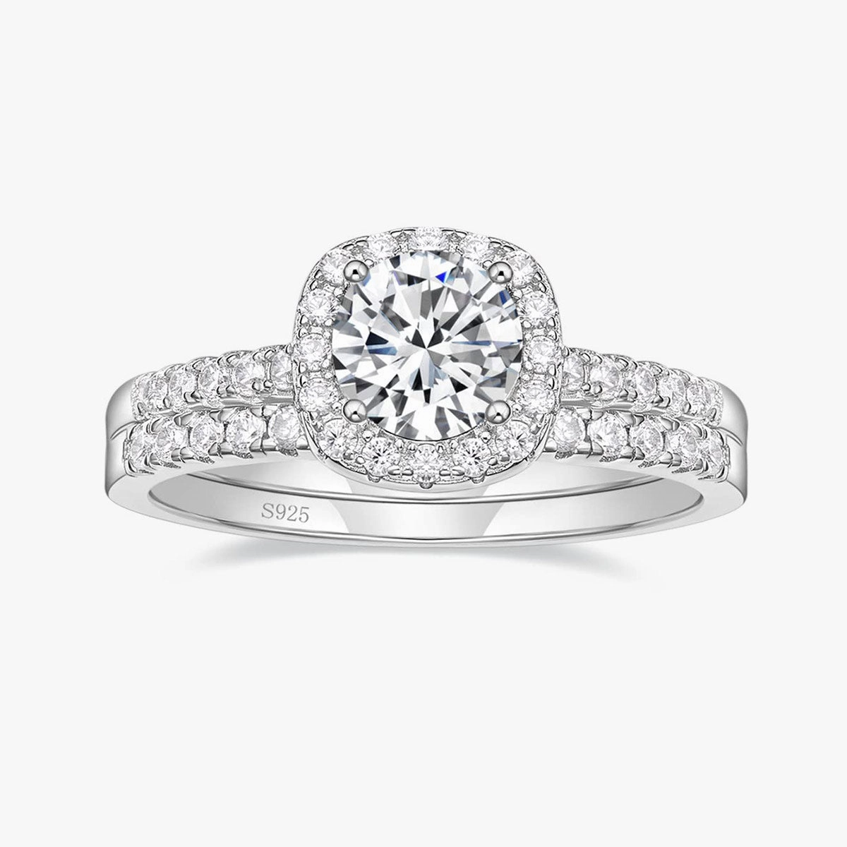 Bold Lines 925 Sterling Silver Bridal Round Cubic Zirconia Ring Set