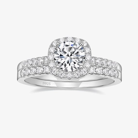 Bold Lines 925 Sterling Silver Bridal Round Cubic Zirconia Ring Set