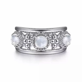 925 Sterling Silver Bujukan Rock Crystal and White Mother of Pearl Station Ring HighEnd Adornment