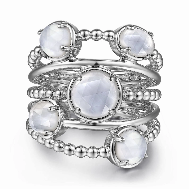 925 Sterling Silver Rock Crystal and White Mother of Pearl Statement Bubble Ring Balanced Finish Hypoallergenic Symbol