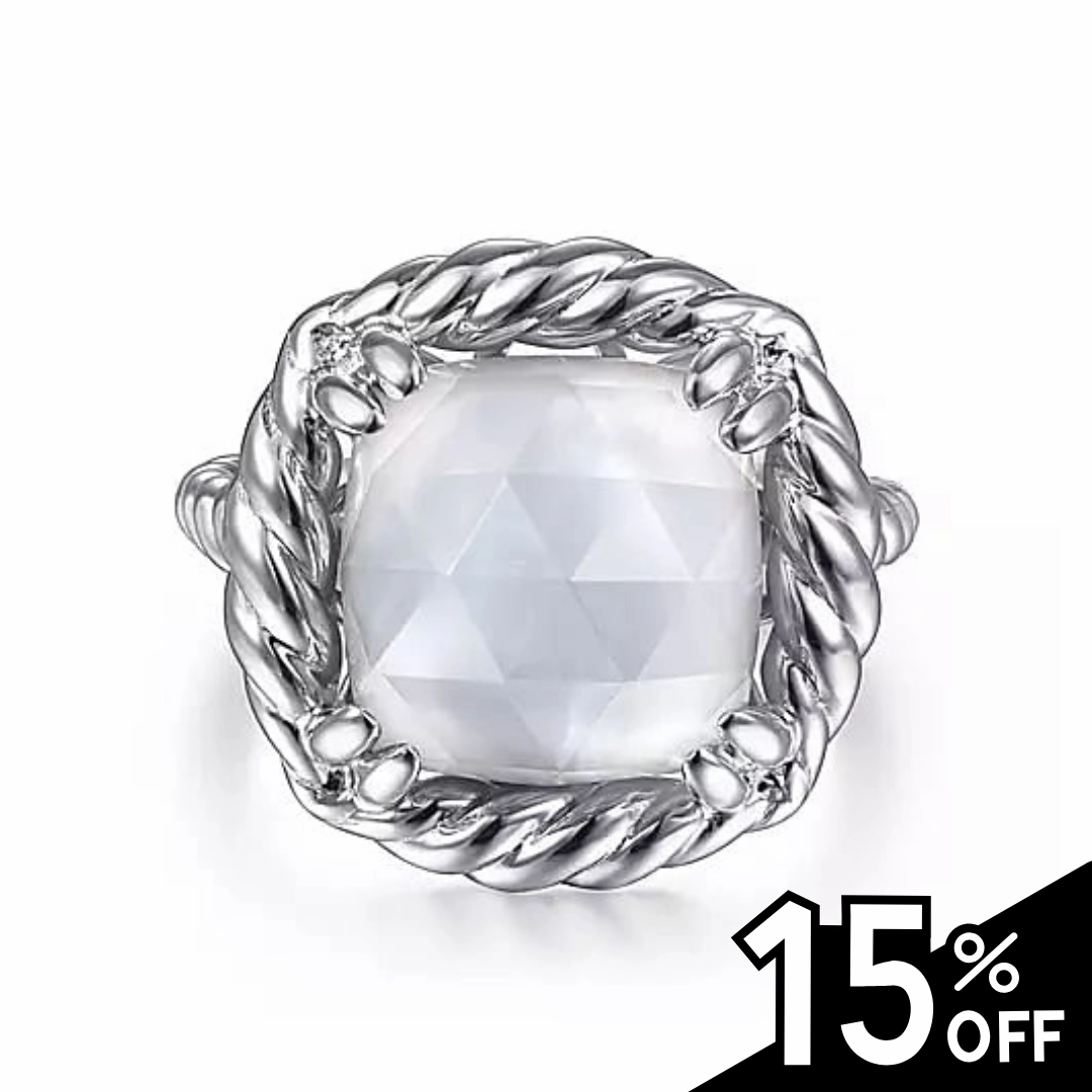 Ornate Symbol Chic Statement 925 Sterling Silver Rope Rock Crystal and White Mother of Pearl Signet Ring