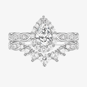Luxury Line Dazzling Detail 925 Sterling Silver Vintage Pear Shape Crown Bridal Ring Teardrop Set