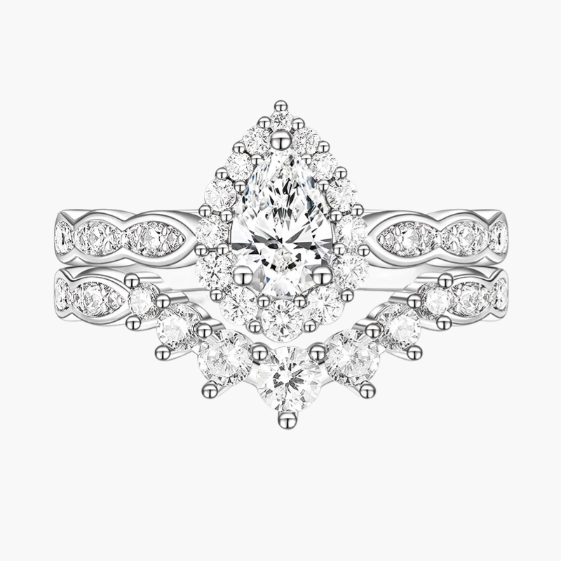 Luxury Line Dazzling Detail 925 Sterling Silver Vintage Pear Shape Crown Bridal Ring Teardrop Set
