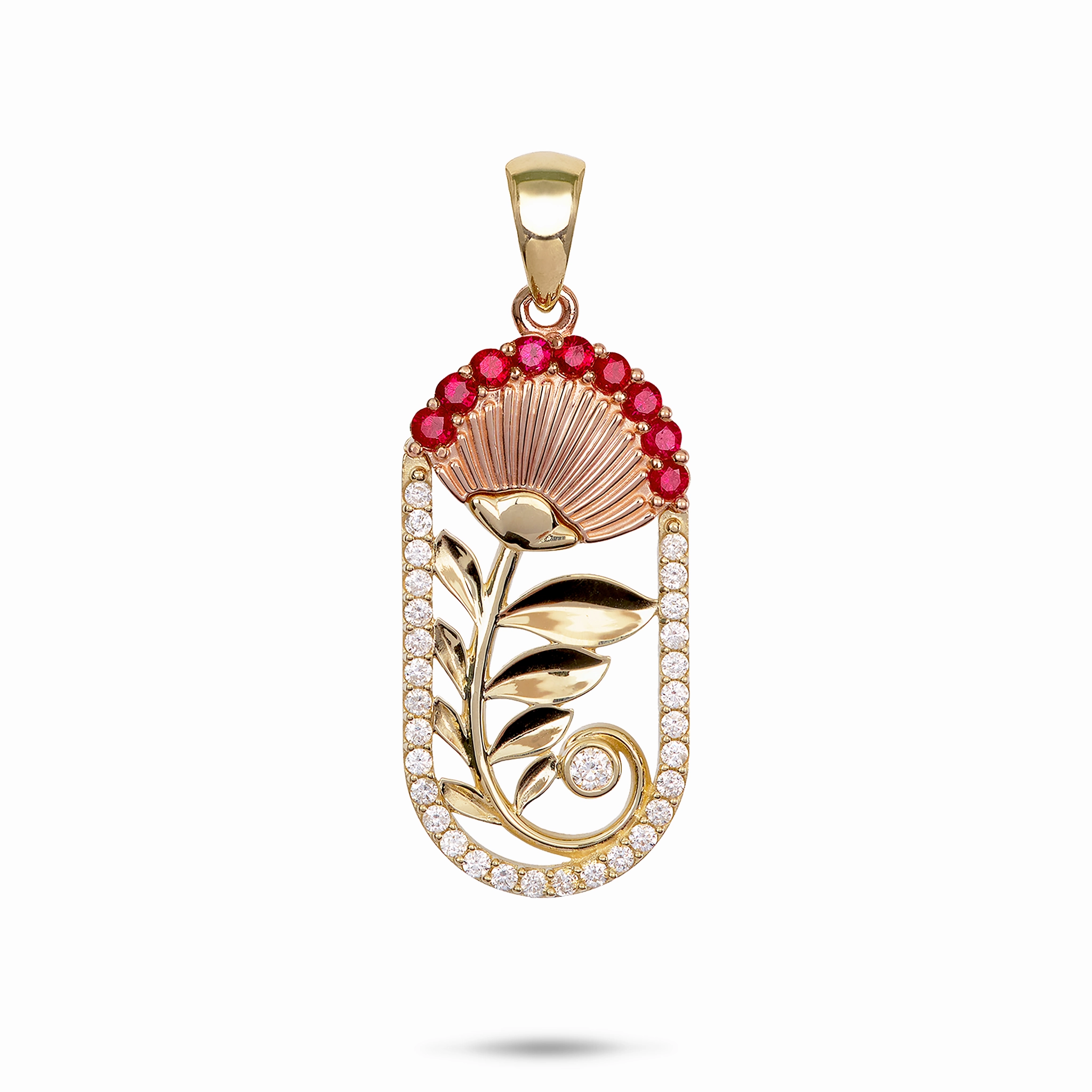 ???hi?a Lehua Ruby Pendant in Two Tone Gold with Diamonds - 27.5mm Linear Form Vogue Design