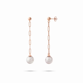 Vintage Decoration Brilliant Product Akoya White Pearl Paperclip Chain Earrings in Rose Gold - 8mm