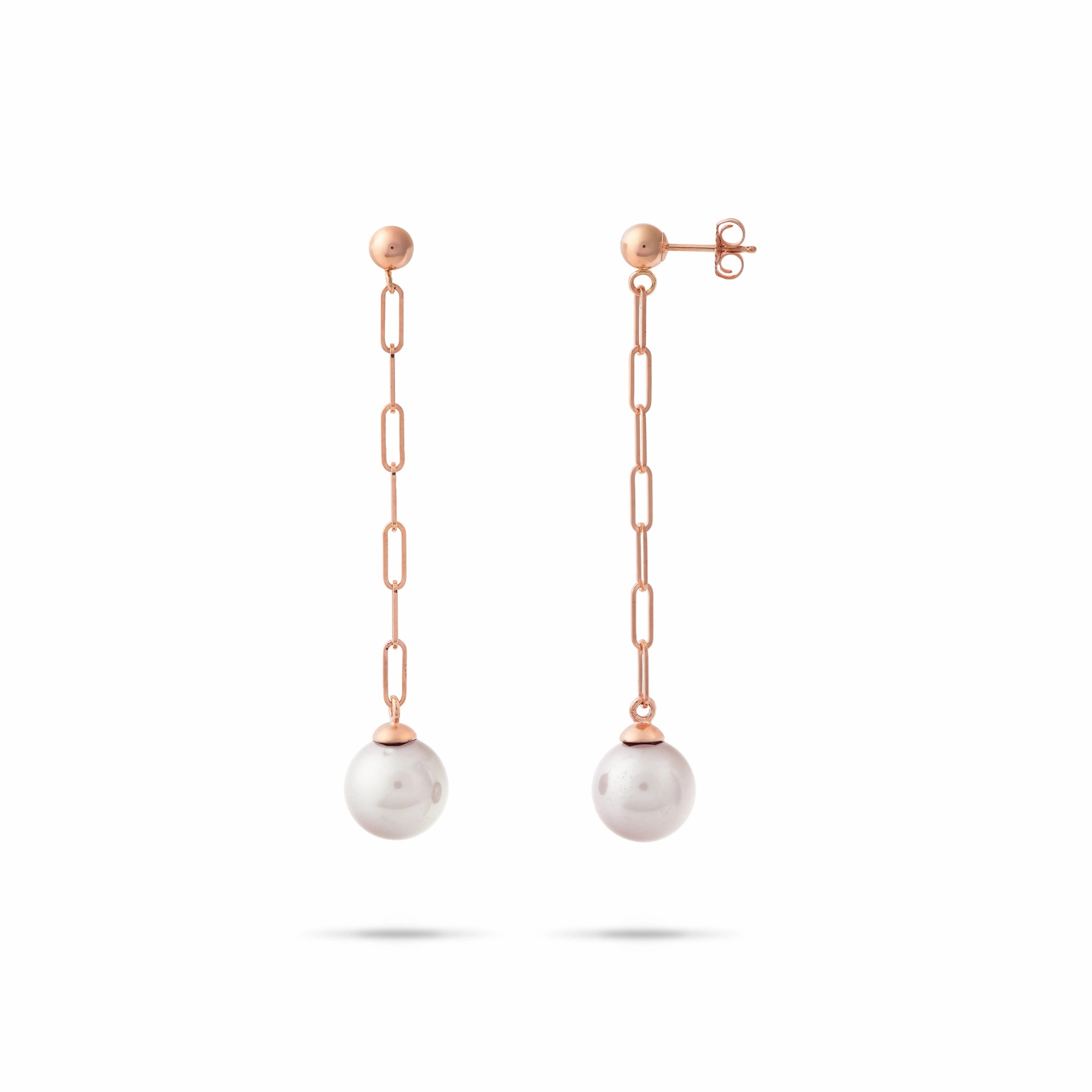 Vintage Decoration Brilliant Product Akoya White Pearl Paperclip Chain Earrings in Rose Gold - 8mm