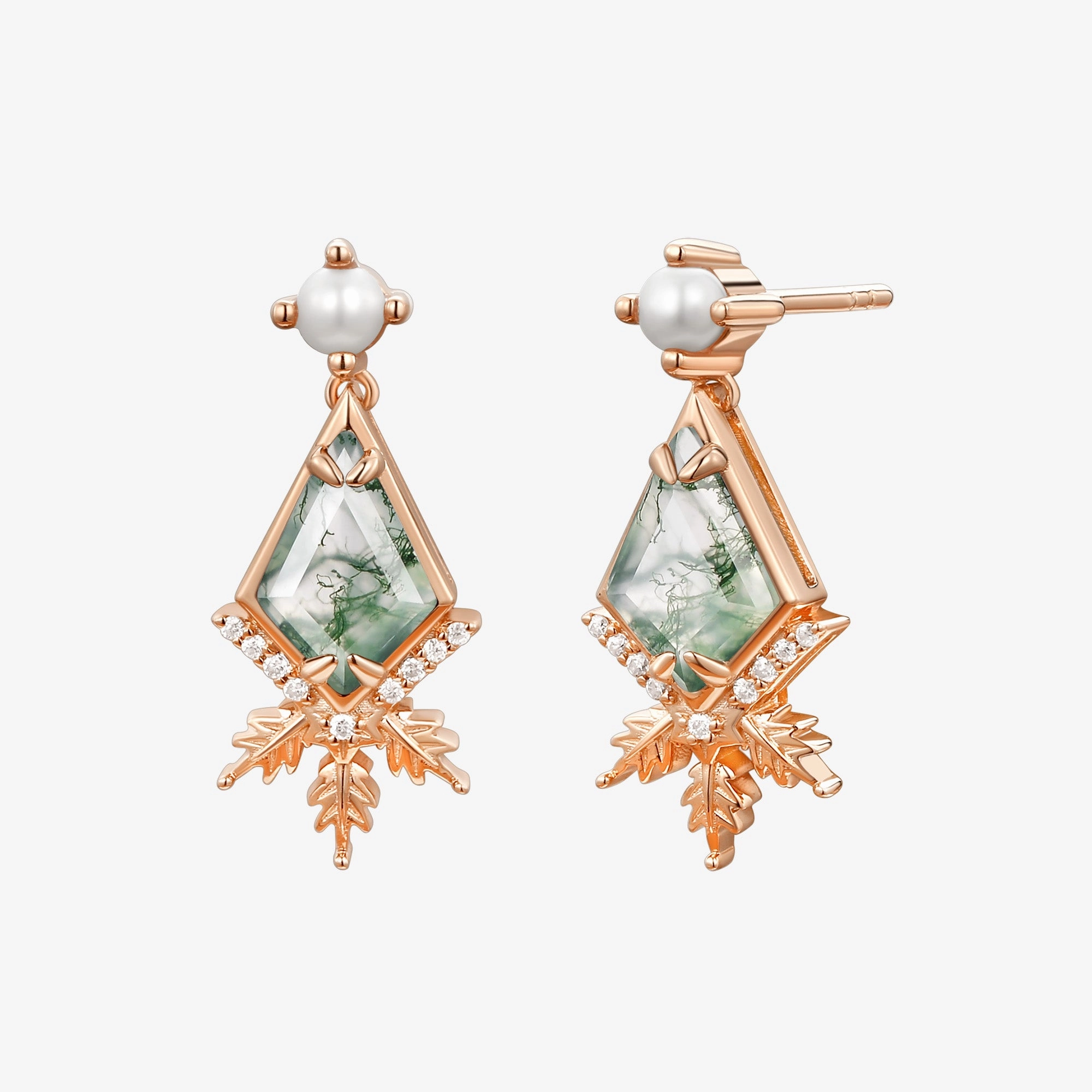 Unique Kite Cut Moss Agate & Akoya Pearl Yellow Gold Earrings Simple Piece