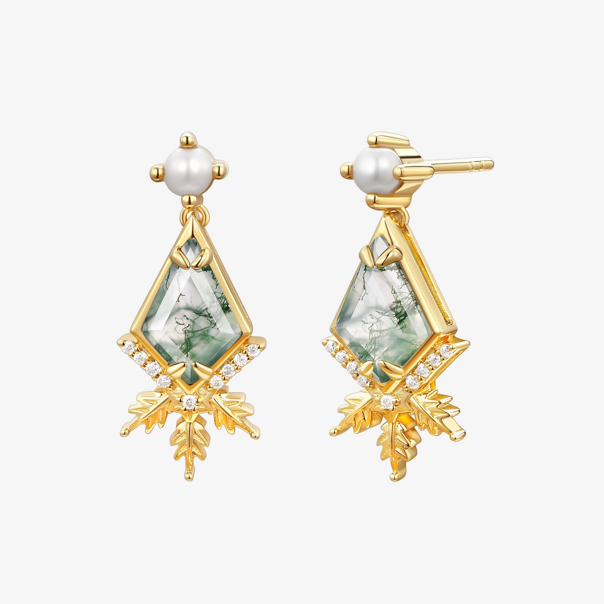 Bohemian Decoration Unique Kite Cut Moss Agate & Akoya Pearl Yellow Gold Earrings