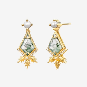 Bohemian Decoration Unique Kite Cut Moss Agate & Akoya Pearl Yellow Gold Earrings