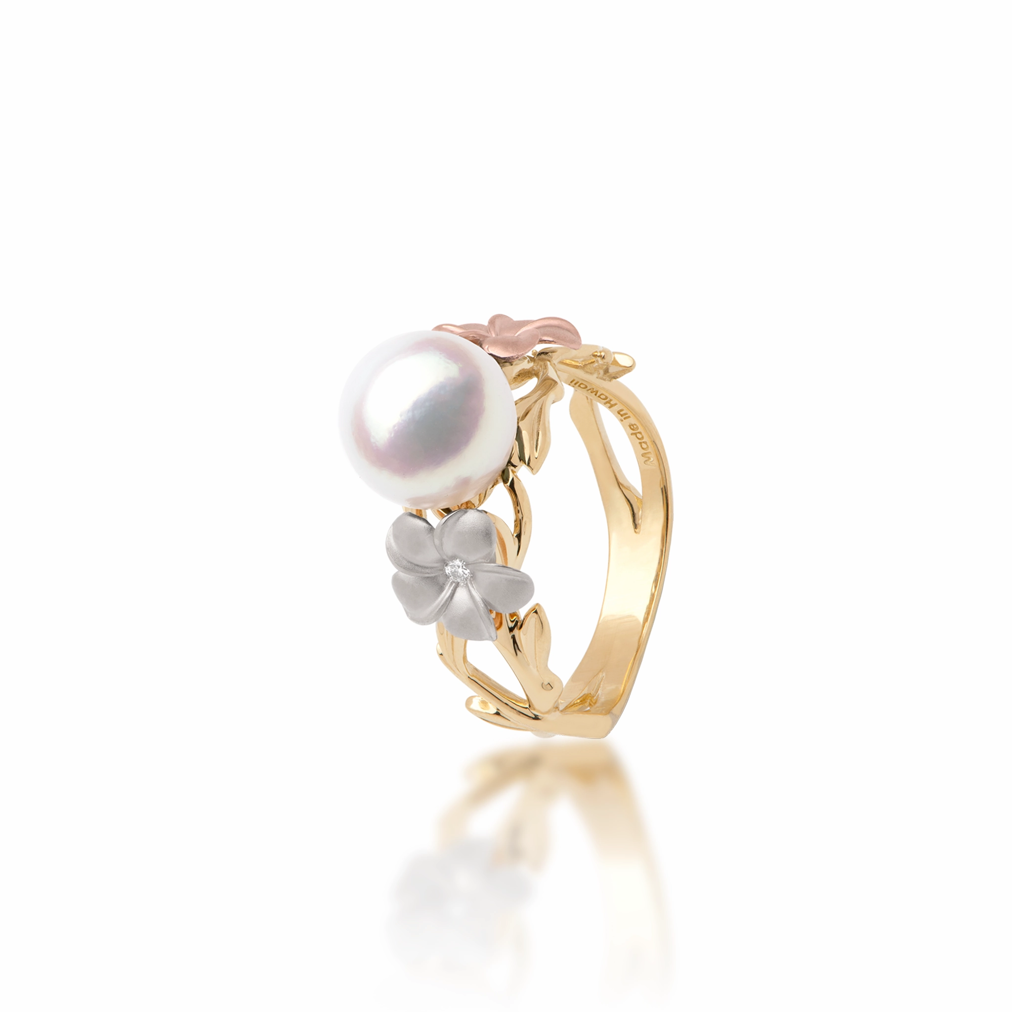 Pearls in Bloom Plumeria Akoya White Pearl Ring in Tri Color Gold with Diamonds - 8mm Sweet Accent