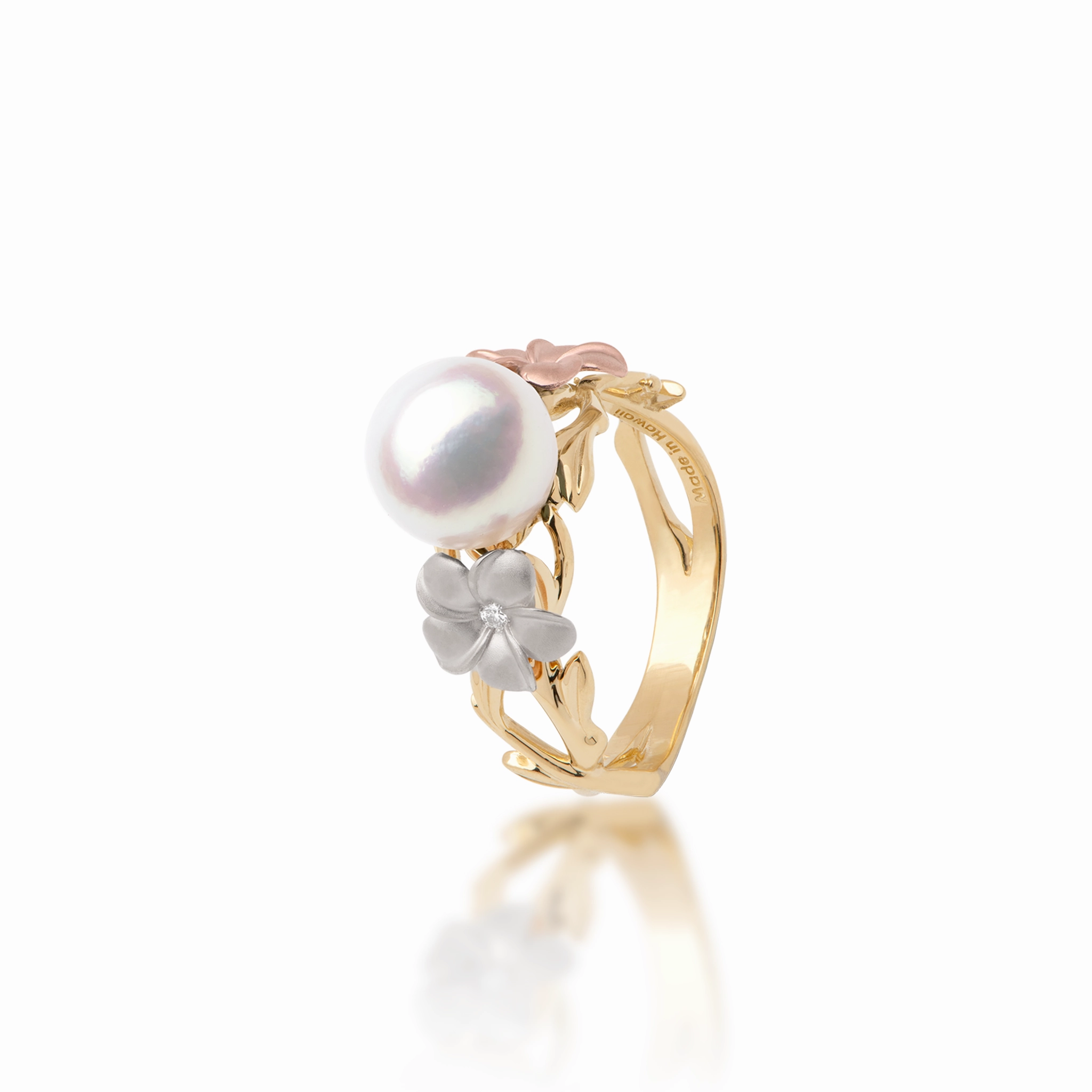 Simple Adornment Solar powered Pearls in Bloom Plumeria Akoya White Pearl Ring in Tri Color Gold with Diamonds - 8mm