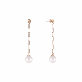 Akoya White Pearl Paperclip Chain Earrings in Rose Gold - 8mm Vintage Essential