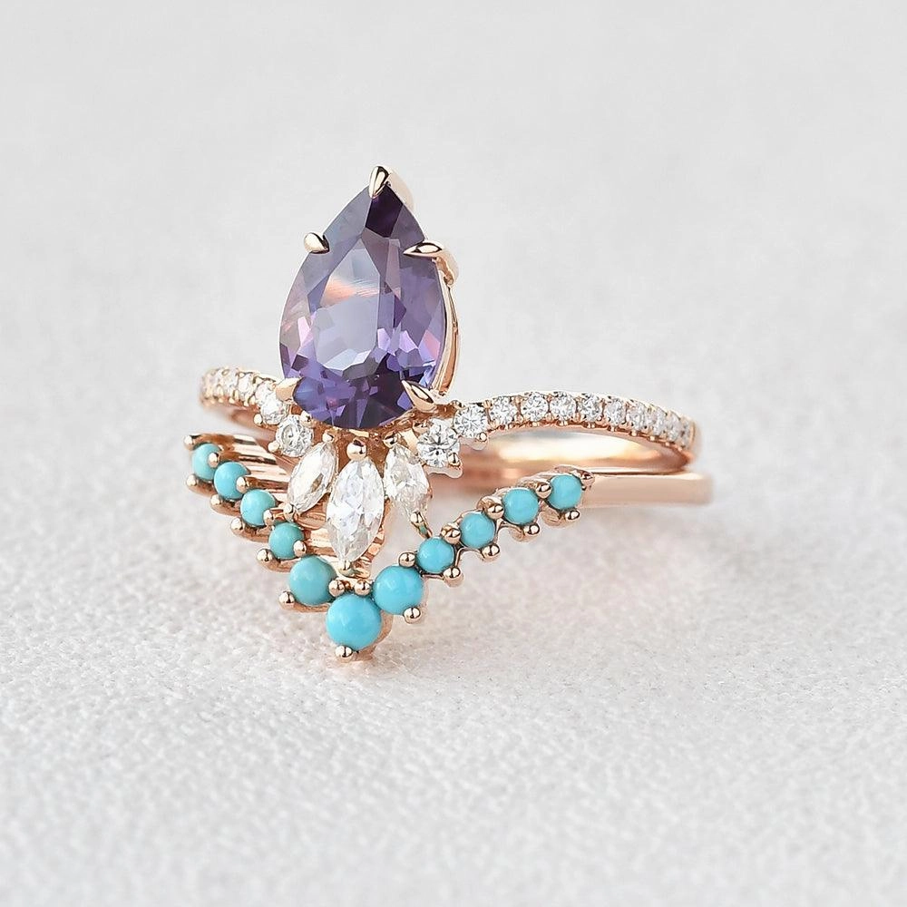 Alexandrite & Moissanite & Turquoise Yellow Gold Ring Set 2pcs Formal Accent