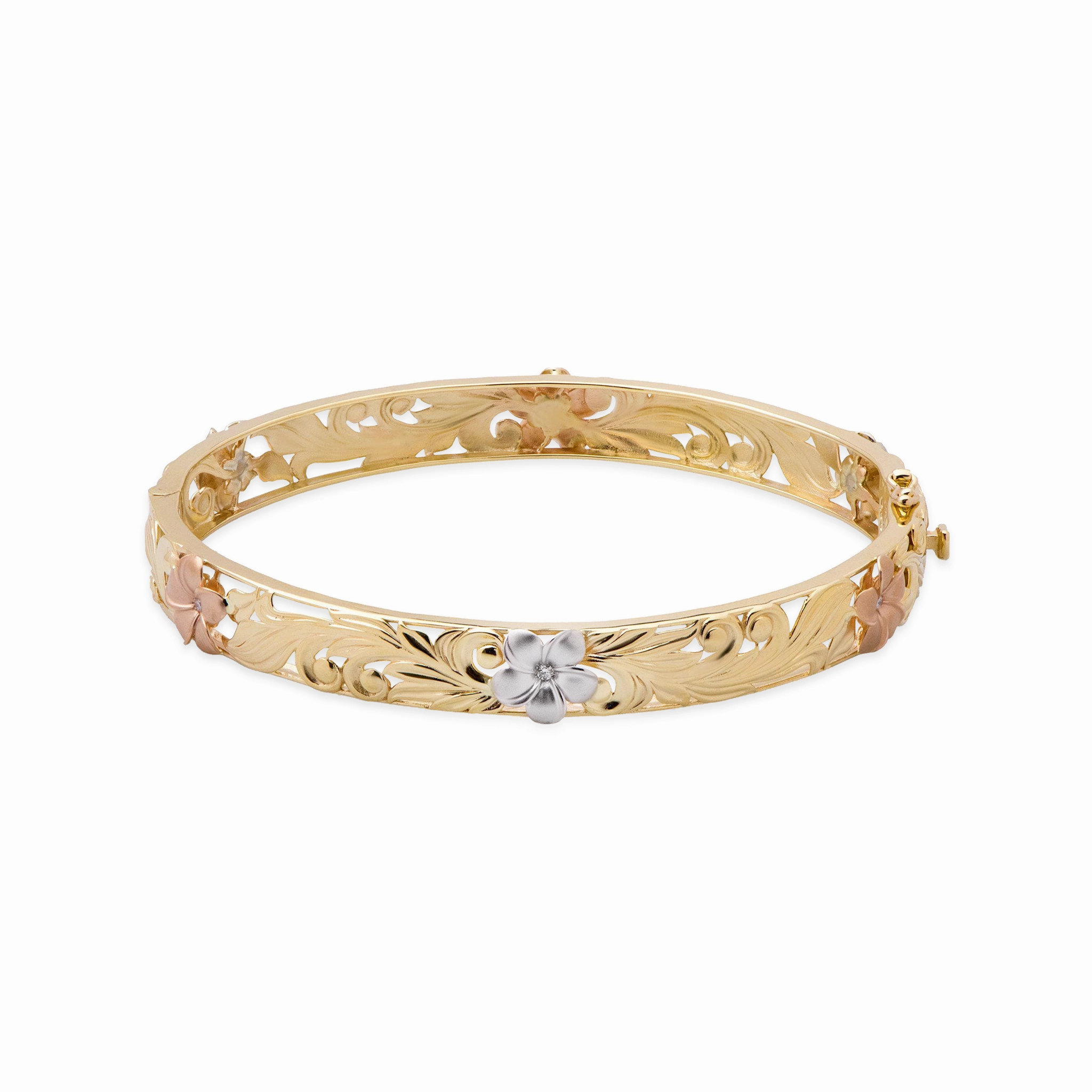 Hawaiian Heirloom Plumeria Hinge Bracelet in Tri Color Gold with Diamonds- 8mm Regular Find Free Spirit