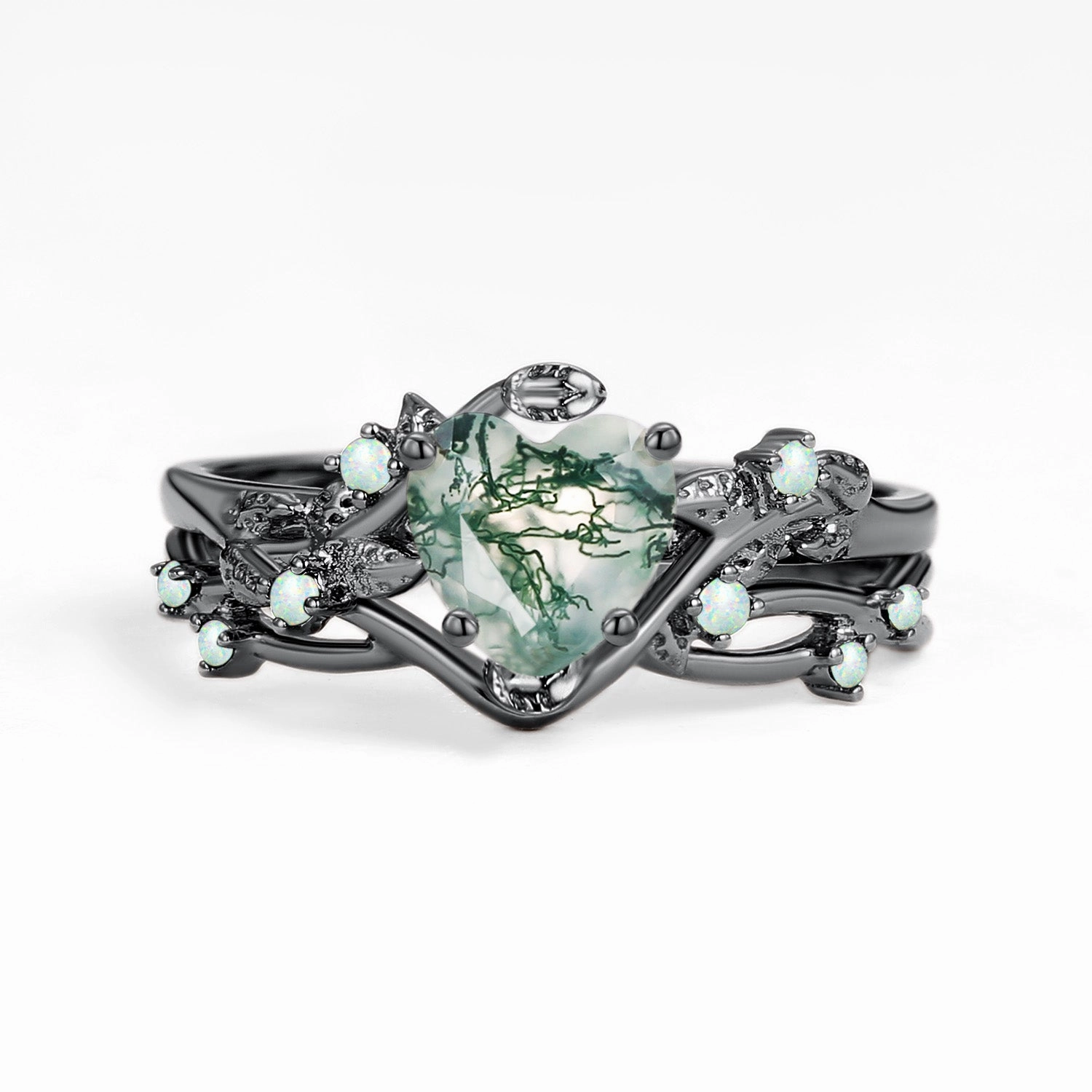 party accessory Nature Inspired Heart Shaped Moss Agate Leafy Ring Set 2pcs - Mossy