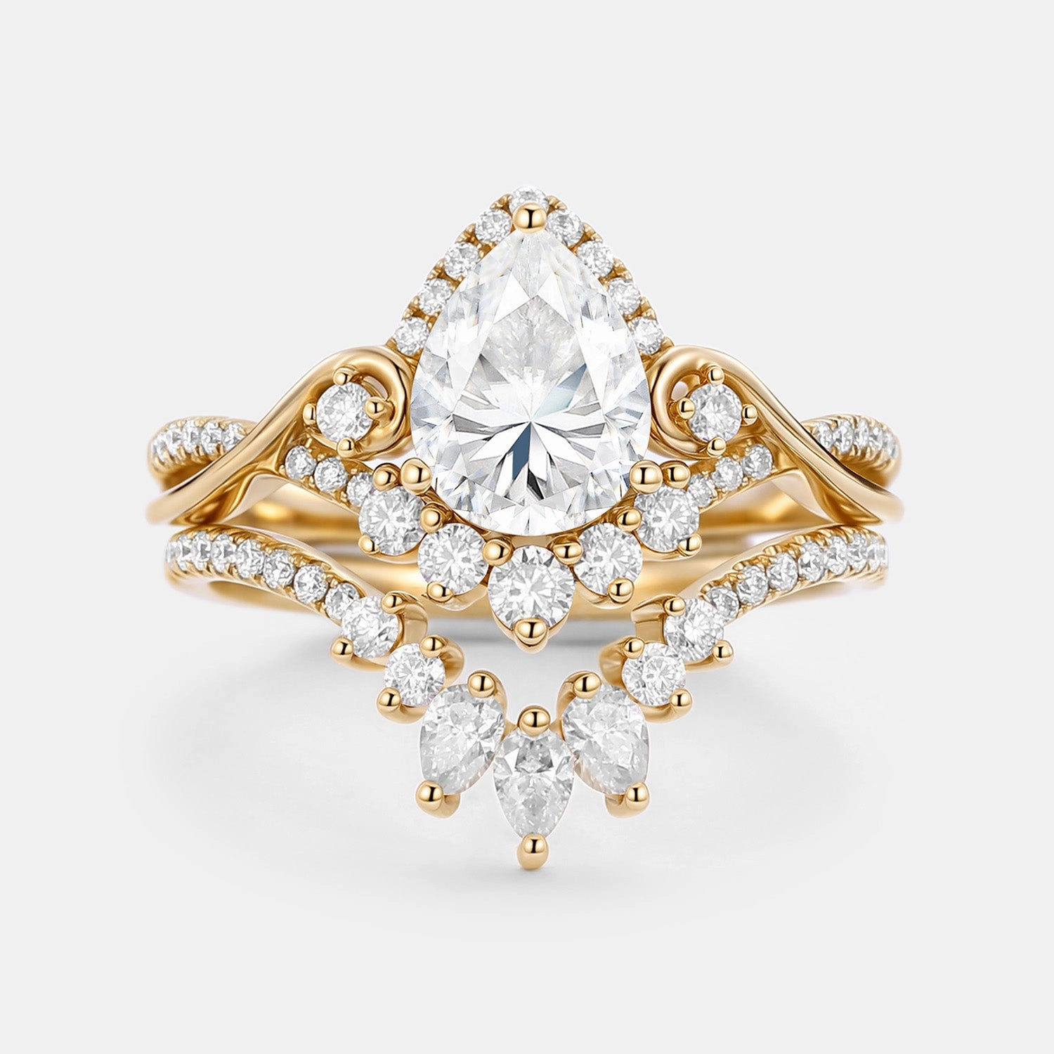 Pear Cut Moissanite Cluster Engagement Ring Set 2pcs Polished Accent Elegant Fit