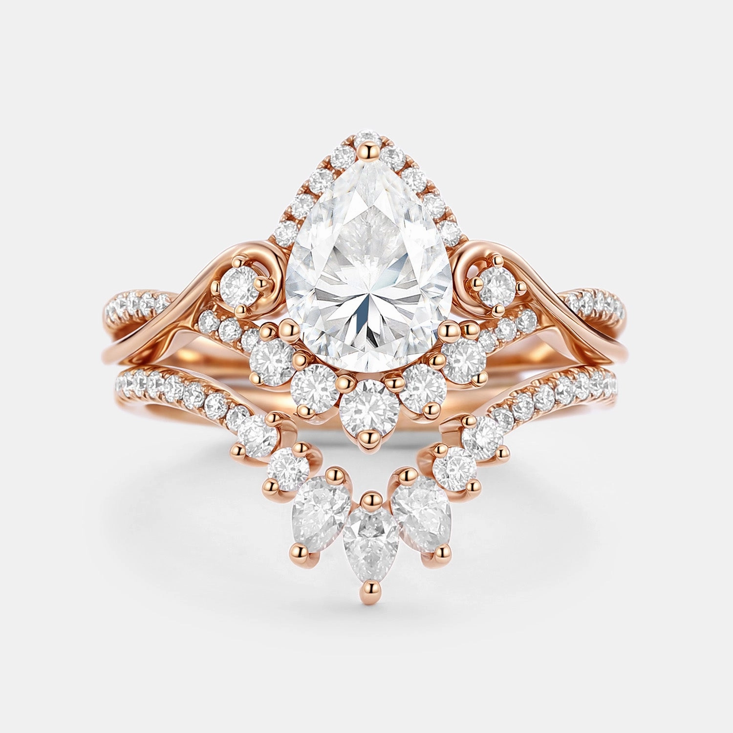 Radiant Jewelry Look Opulent Accent Pear Cut Moissanite Cluster Engagement Ring Set 2pcs