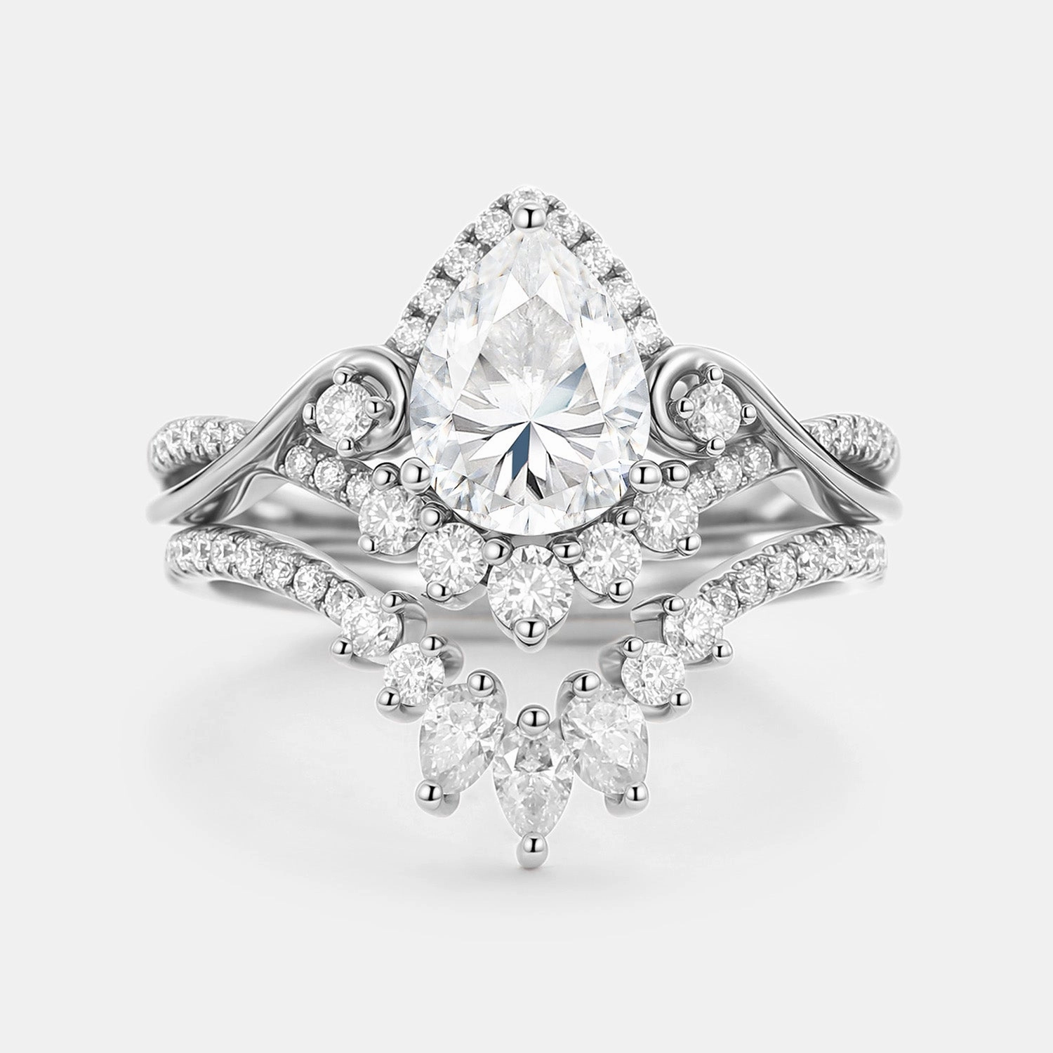 Pear Cut Moissanite Cluster Engagement Ring Set 2pcs Subtle Sparkle Stylish Twist