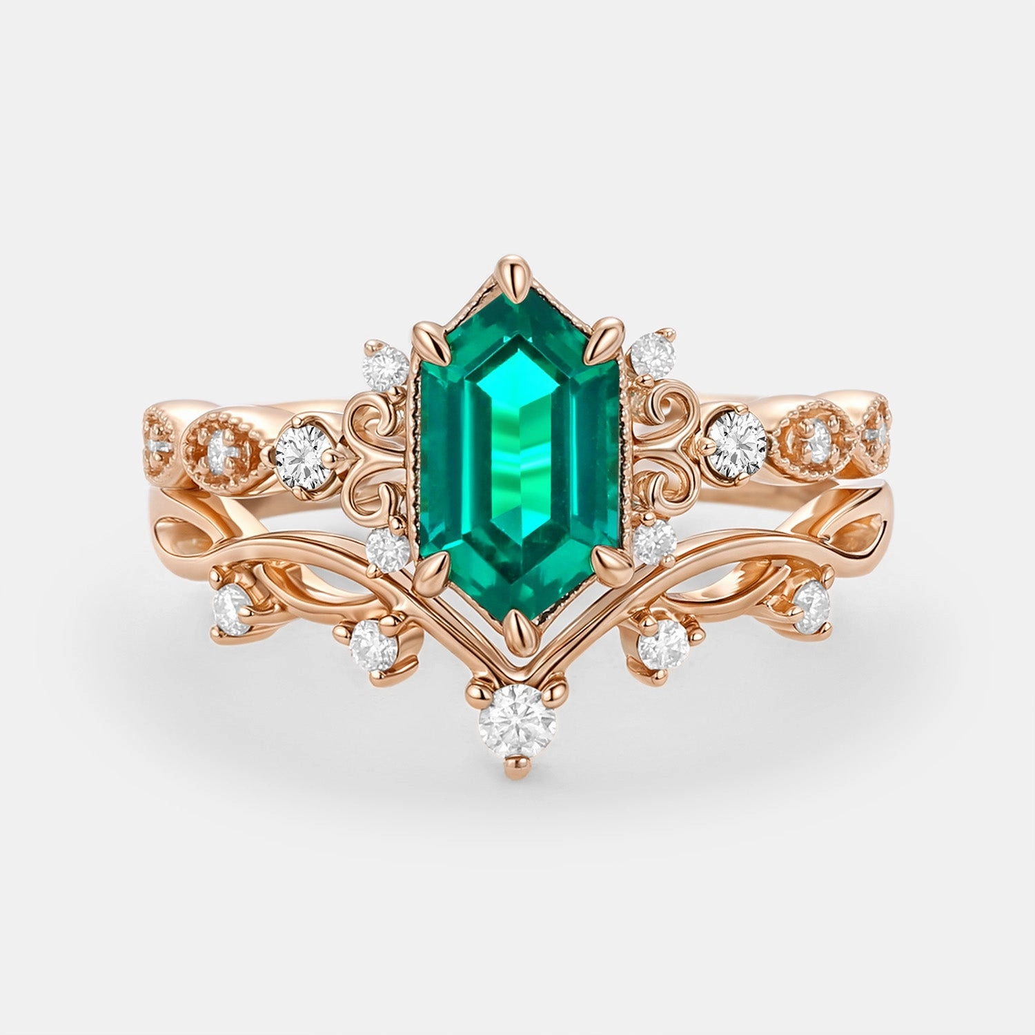 Cool Layer Sparkle Vibe Long Hexagon Lab Emerald Engagement Ring Set 2pcs - Beryl