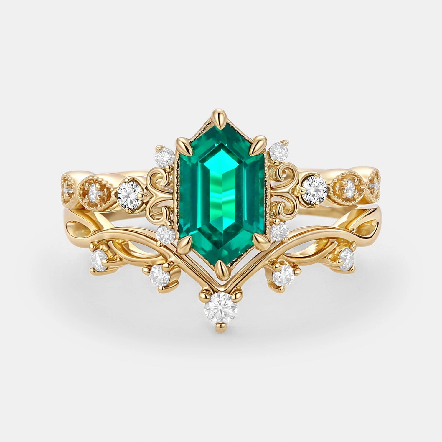 Long Hexagon Lab Emerald Engagement Ring Set 2pcs - Beryl Distinctive Shine Glamour Shine