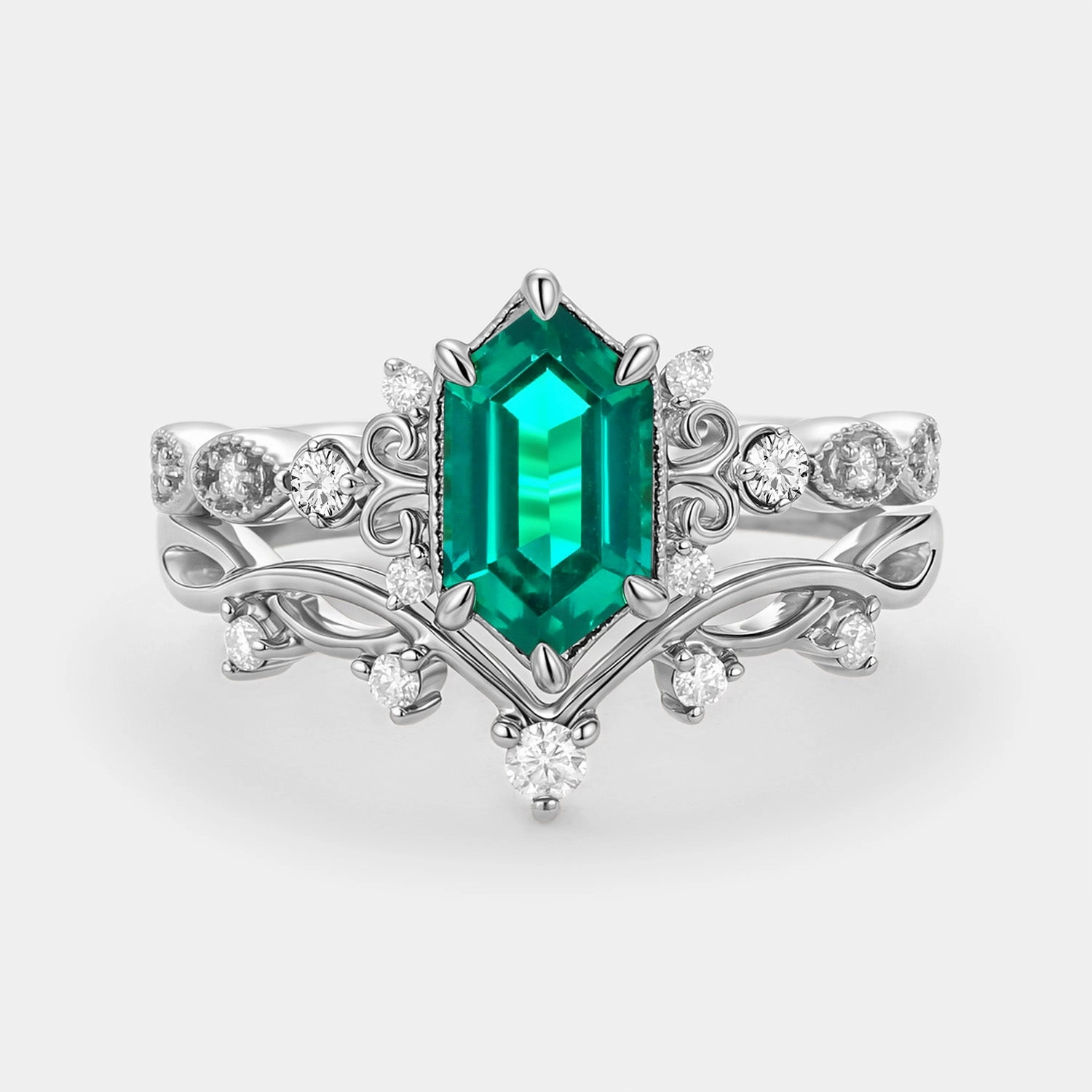 Creative Detail Long Hexagon Lab Emerald Engagement Ring Set 2pcs - Beryl