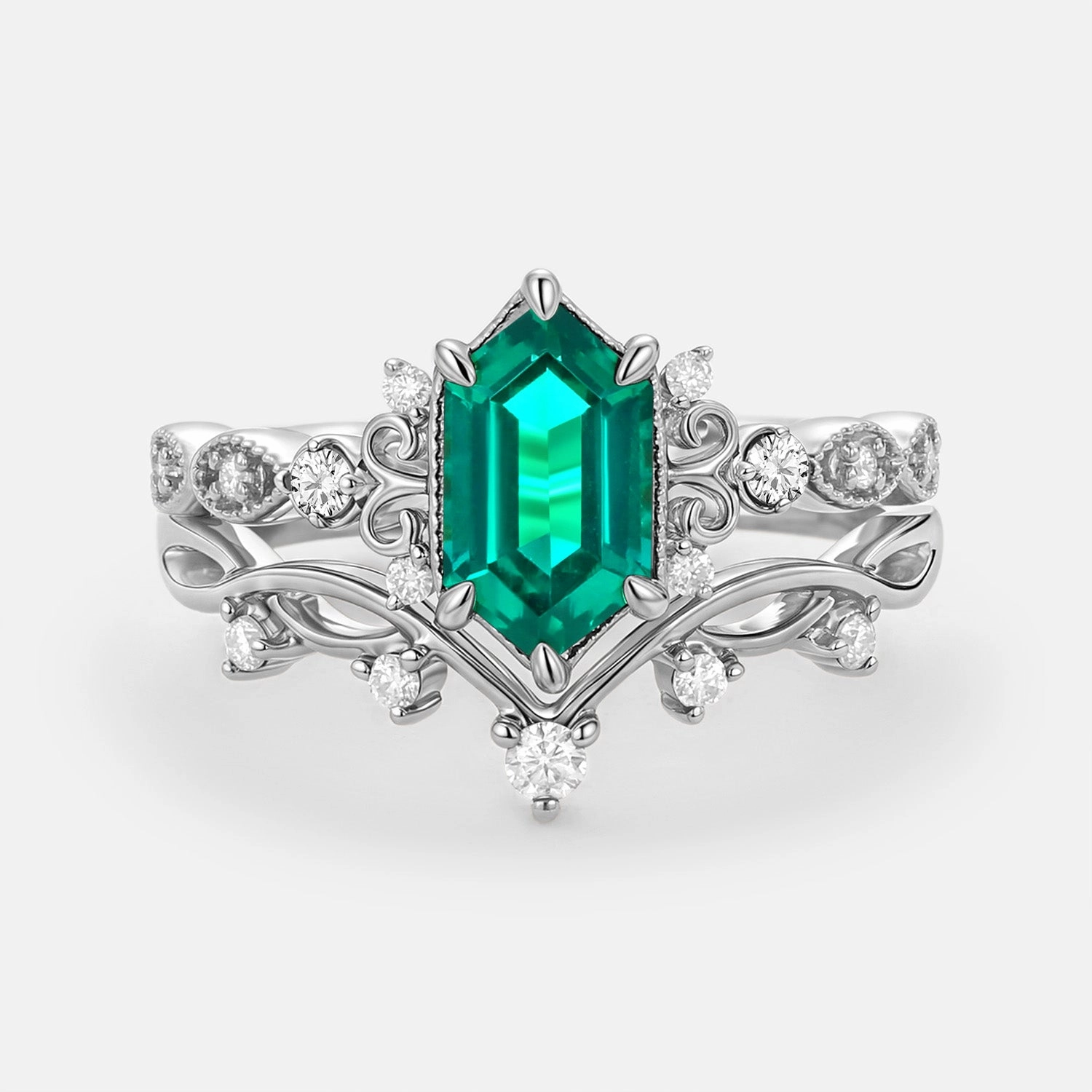 Long Hexagon Lab Emerald Engagement Ring Set 2pcs - Beryl Gift Appeal