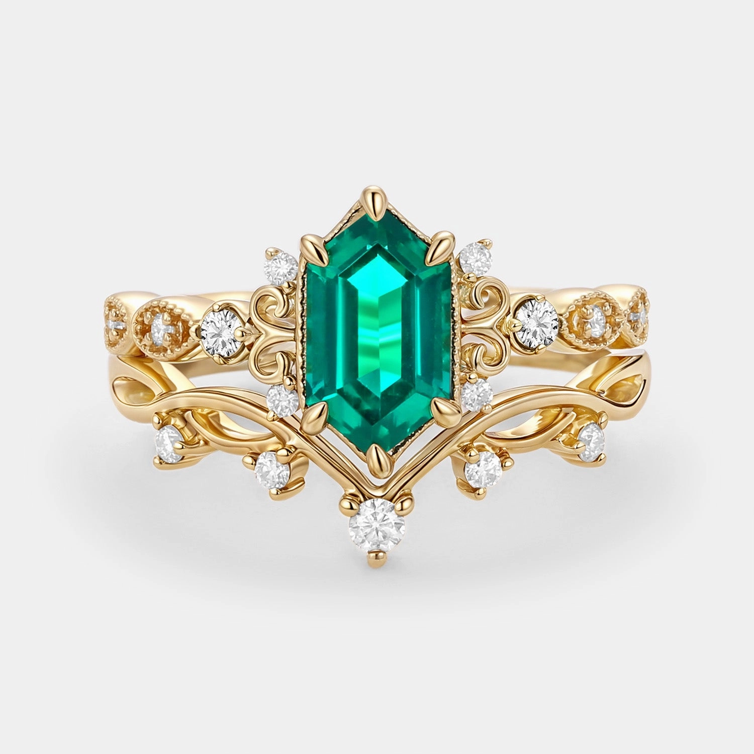 Evening Glow Long Hexagon Lab Emerald Engagement Ring Set 2pcs - Beryl