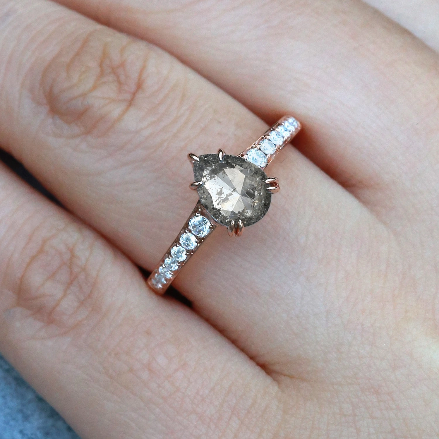 Antique Salt and Pepper Diamonds Pear Cut Engagement Ring Stylish Form