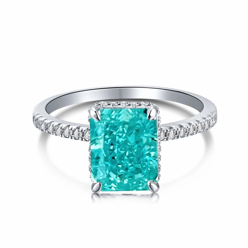 Weatherproof Layer Trendy Jewelry Aquamarine Solitaire Radiant Cut Half Eternity Diamond Ring Sterling Silver