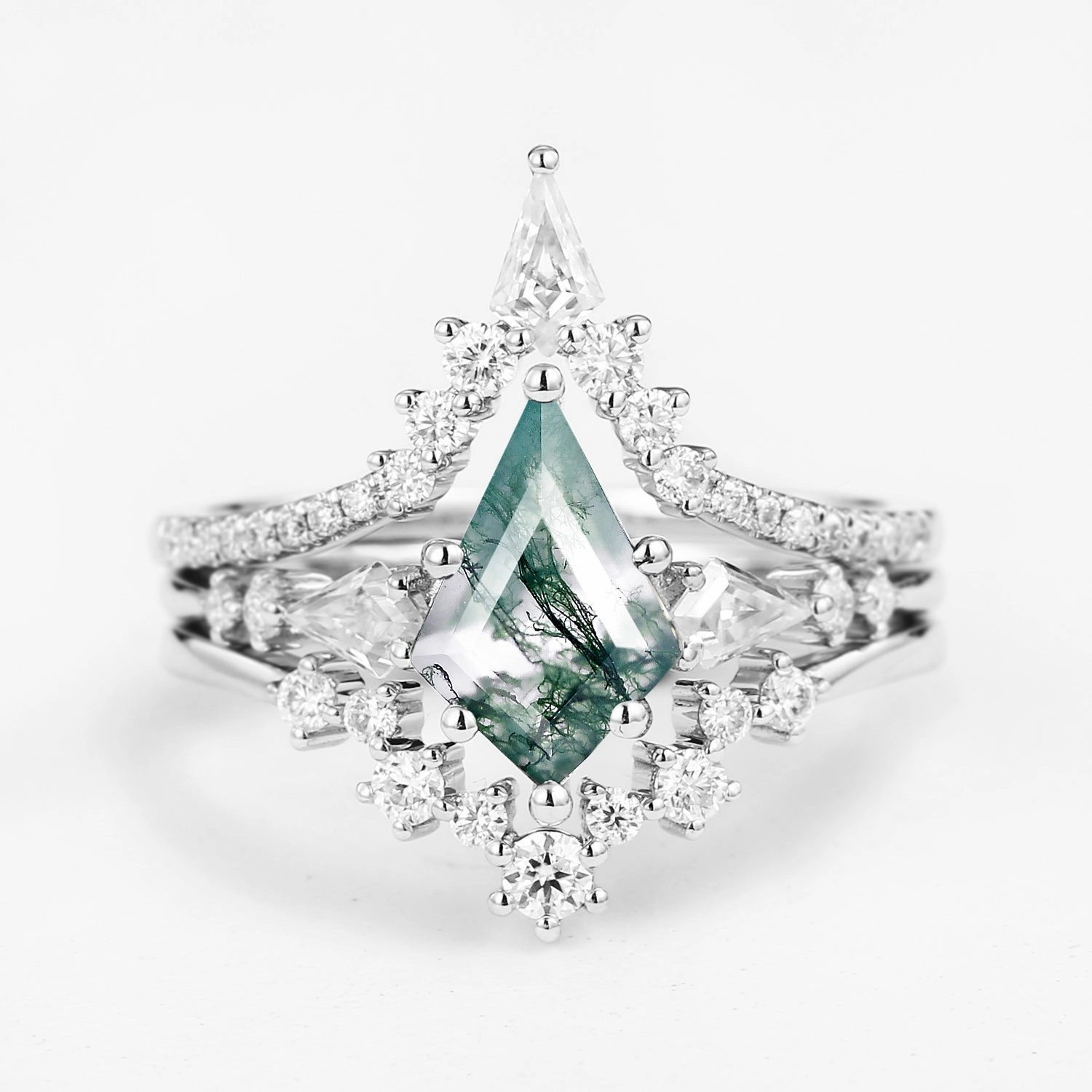 Twin Flames - Kite Cut Moss Agate Engagement Ring Set 3pcs - Tyler Monochrome Fit