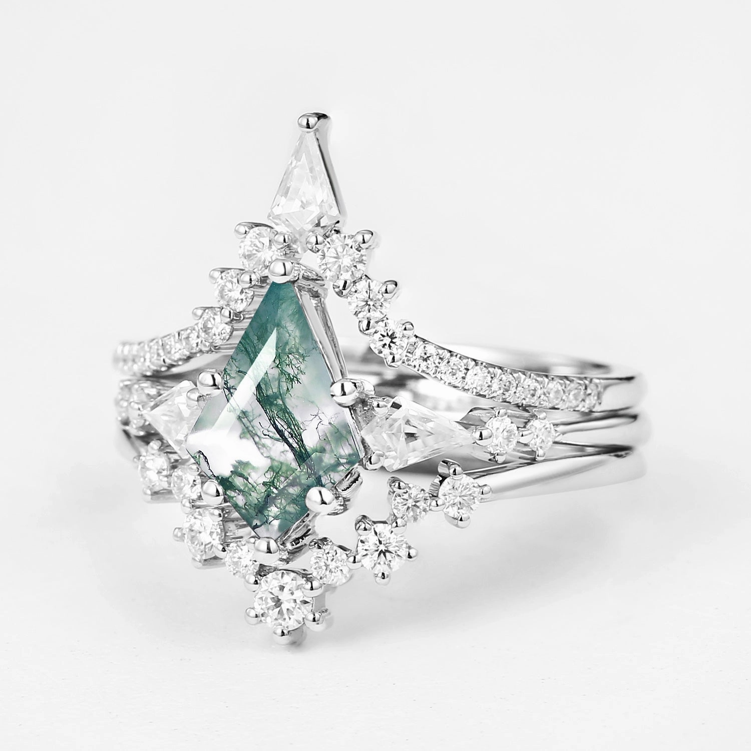 Twin Flames - Kite Cut Moss Agate Engagement Ring Set 3pcs - Tyler Refined Layer Graceful Accent