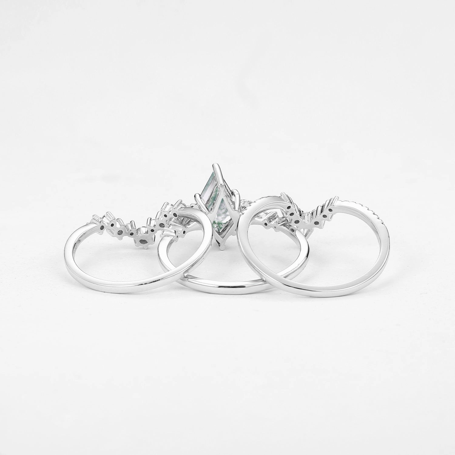 Formal Style Twin Flames - Kite Cut Moss Agate Engagement Ring Set 3pcs - Tyler