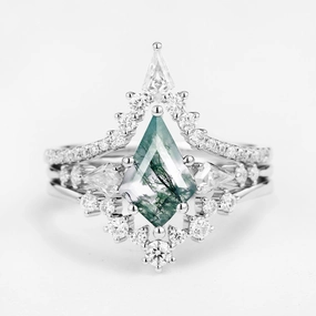 Twin Flames - Kite Cut Moss Agate Engagement Ring Set 3pcs - Tyler Monochrome Fit