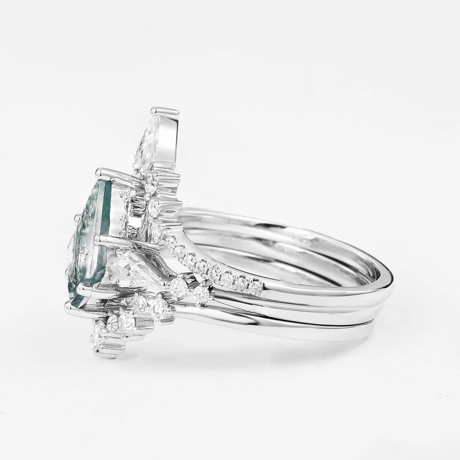 Twin Flames - Kite Cut Moss Agate Engagement Ring Set 3pcs - Tyler Perfect Finish