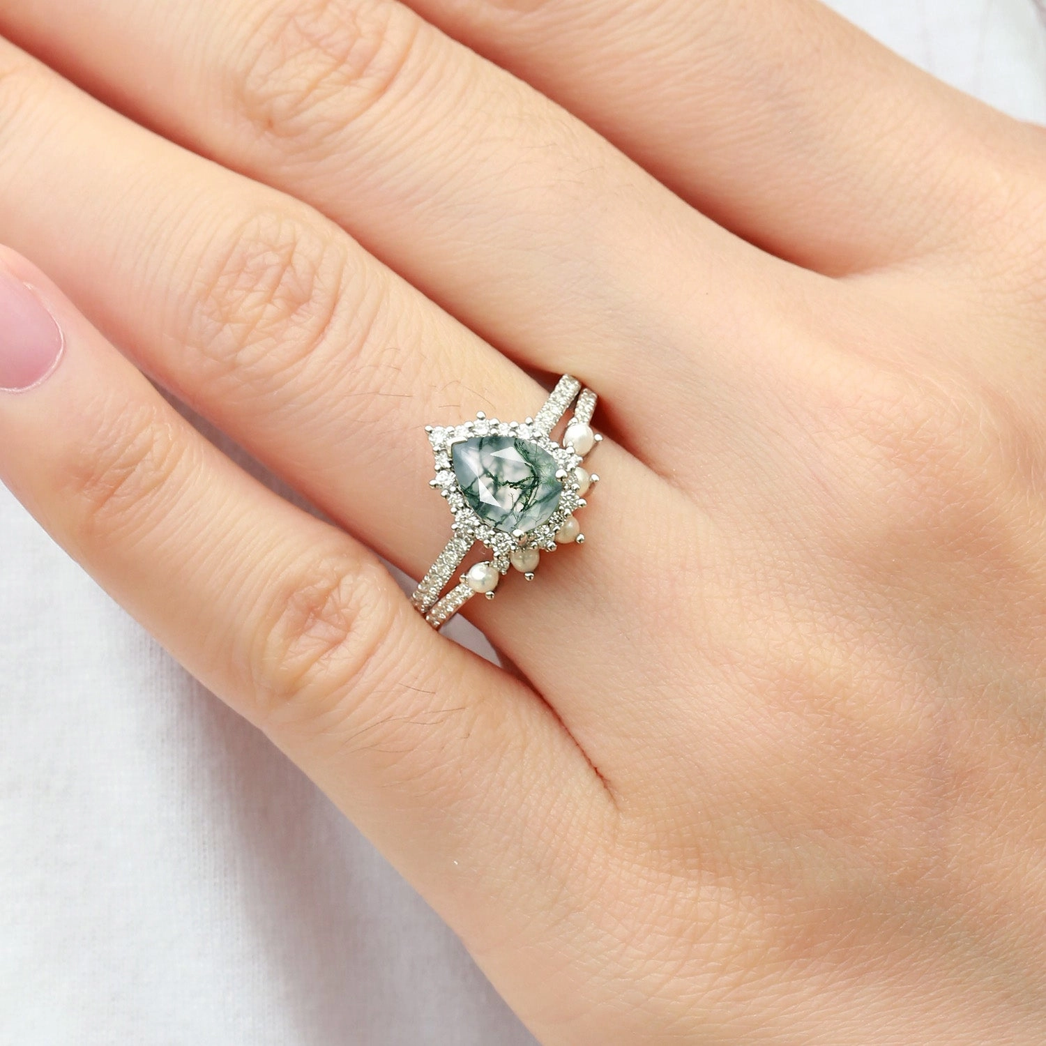 Shiny Touch Silken Touch Halo Pear Shaped Moss Agate Pearl Ring Set 2pcs - Ophelia