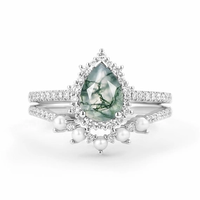 Night Ready Halo Pear Shaped Moss Agate Pearl Ring Set 2pcs - Ophelia