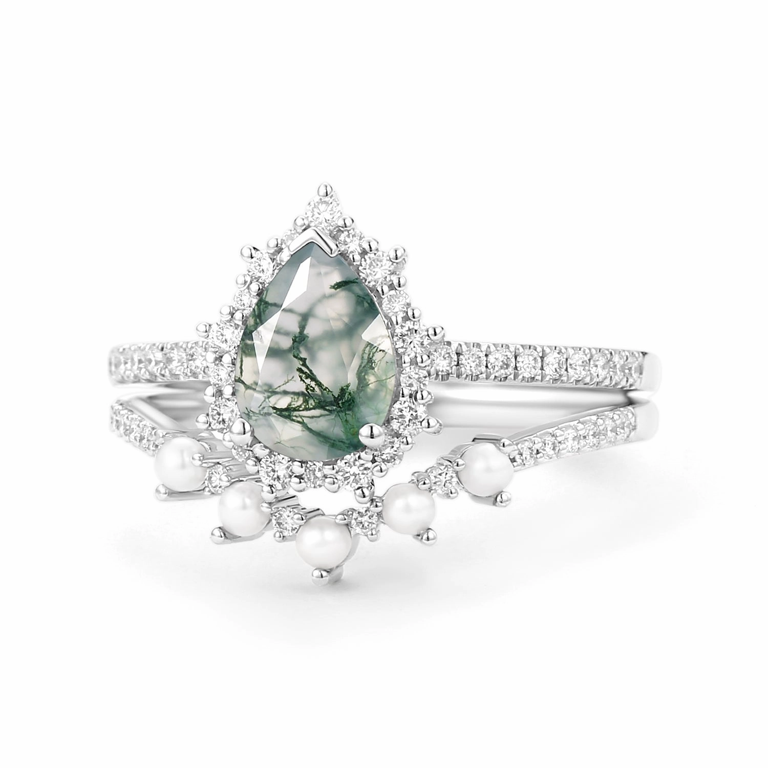 Timeless Highlight Everyday Style Halo Pear Shaped Moss Agate Pearl Ring Set 2pcs - Ophelia