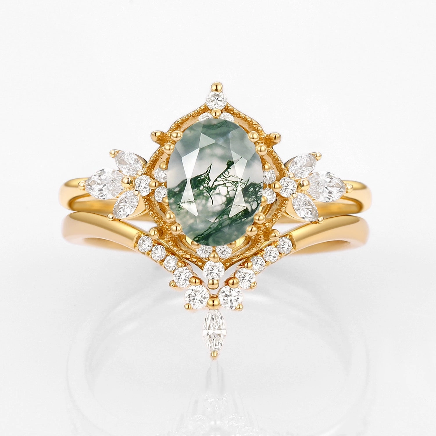 Vintage Signature Moss Agate Fairy Inspired Ring Set 2pcs Minimalist Touch Luxe Lookbook