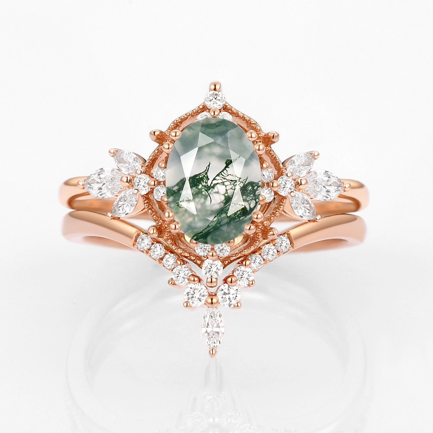 Fashion Essential Graceful Lines Vintage Signature Moss Agate Fairy Inspired Ring Set 2pcs