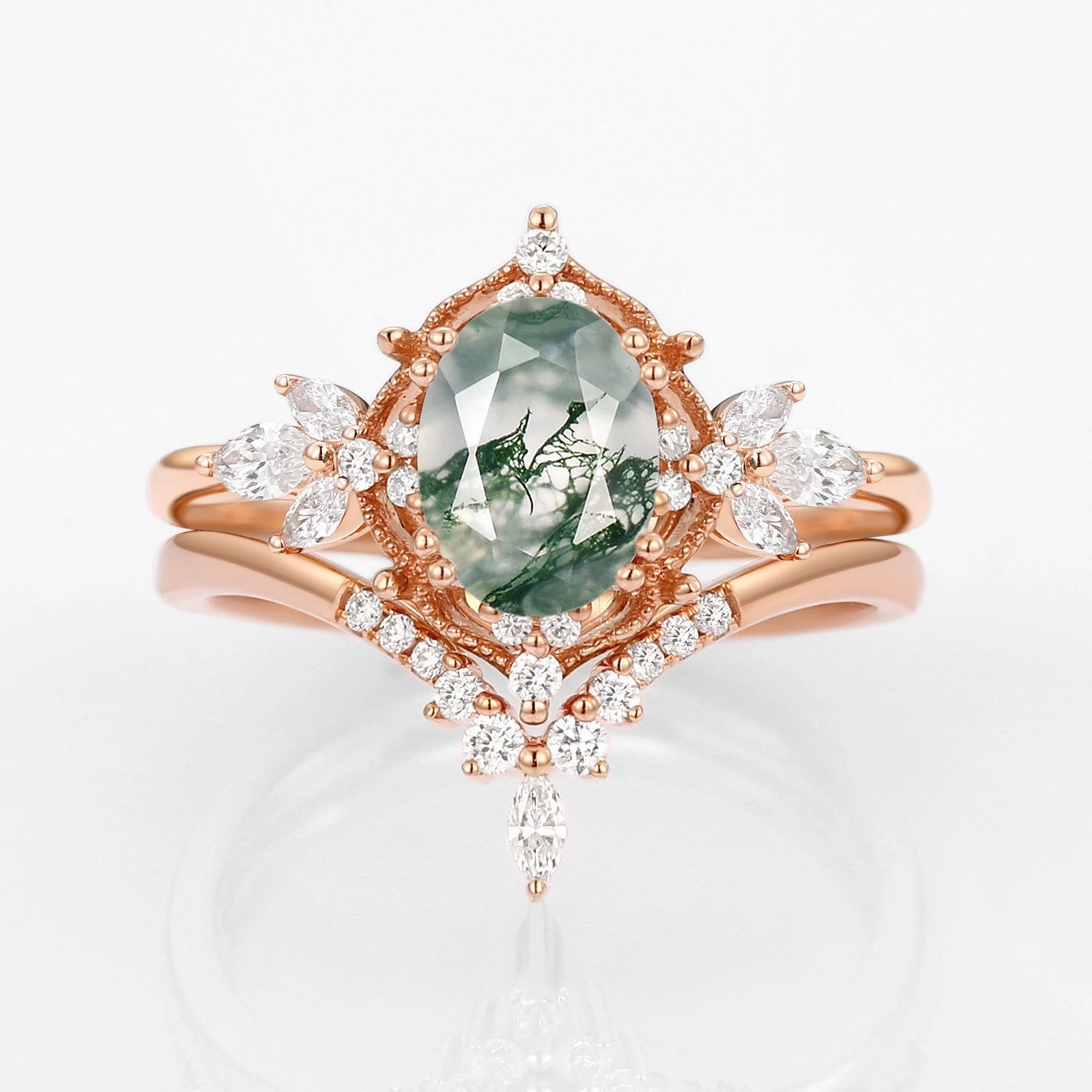 Vintage Signature Moss Agate Fairy Inspired Ring Set 2pcs Monochrome Mood