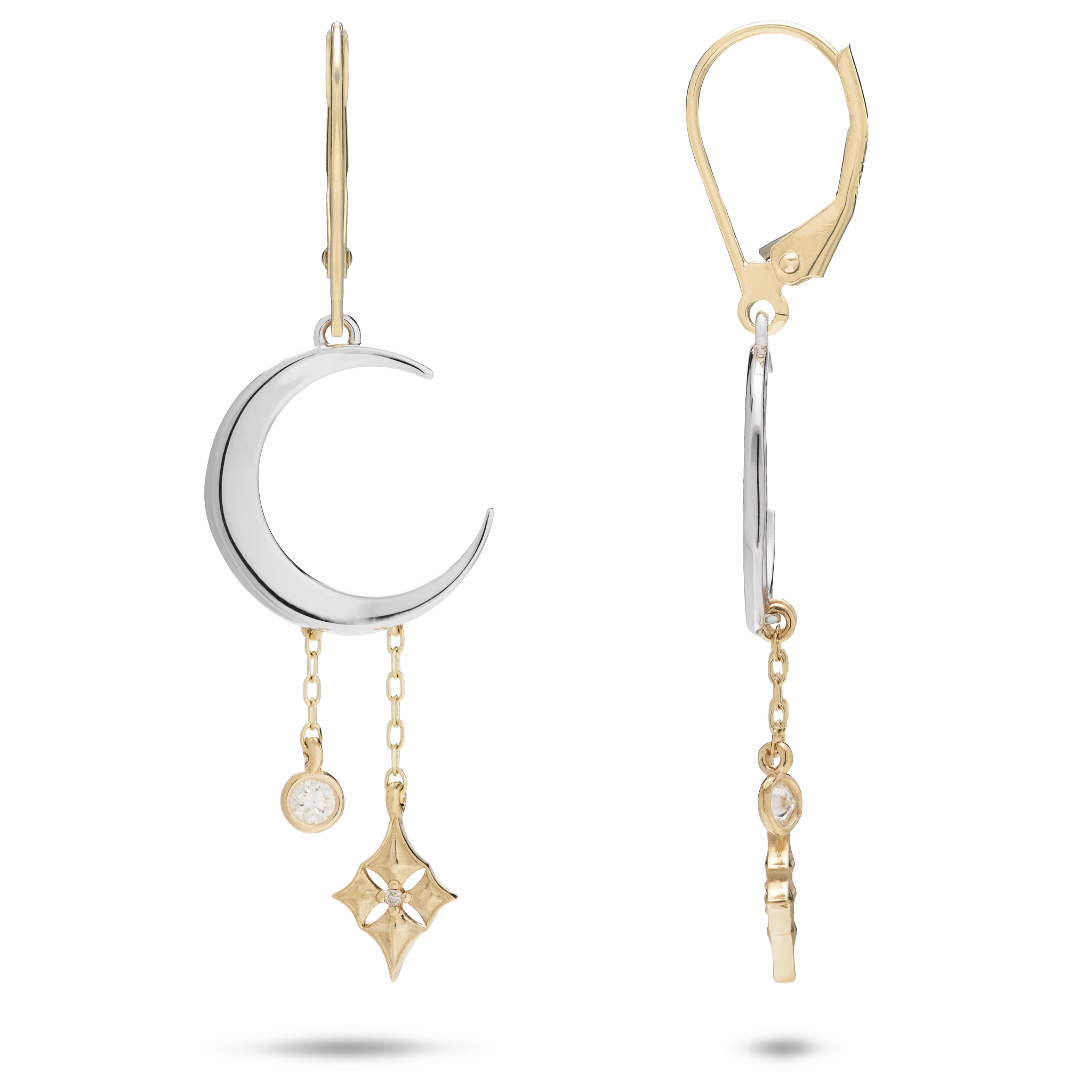 Travel Style Hawaiian Quilted Star and Moon Earrings in Two Tone Gold with Diamonds - 35mm